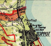 Fragment mapy WMG z 1922 r. - granica w rejonie Zoppot/Kolibki